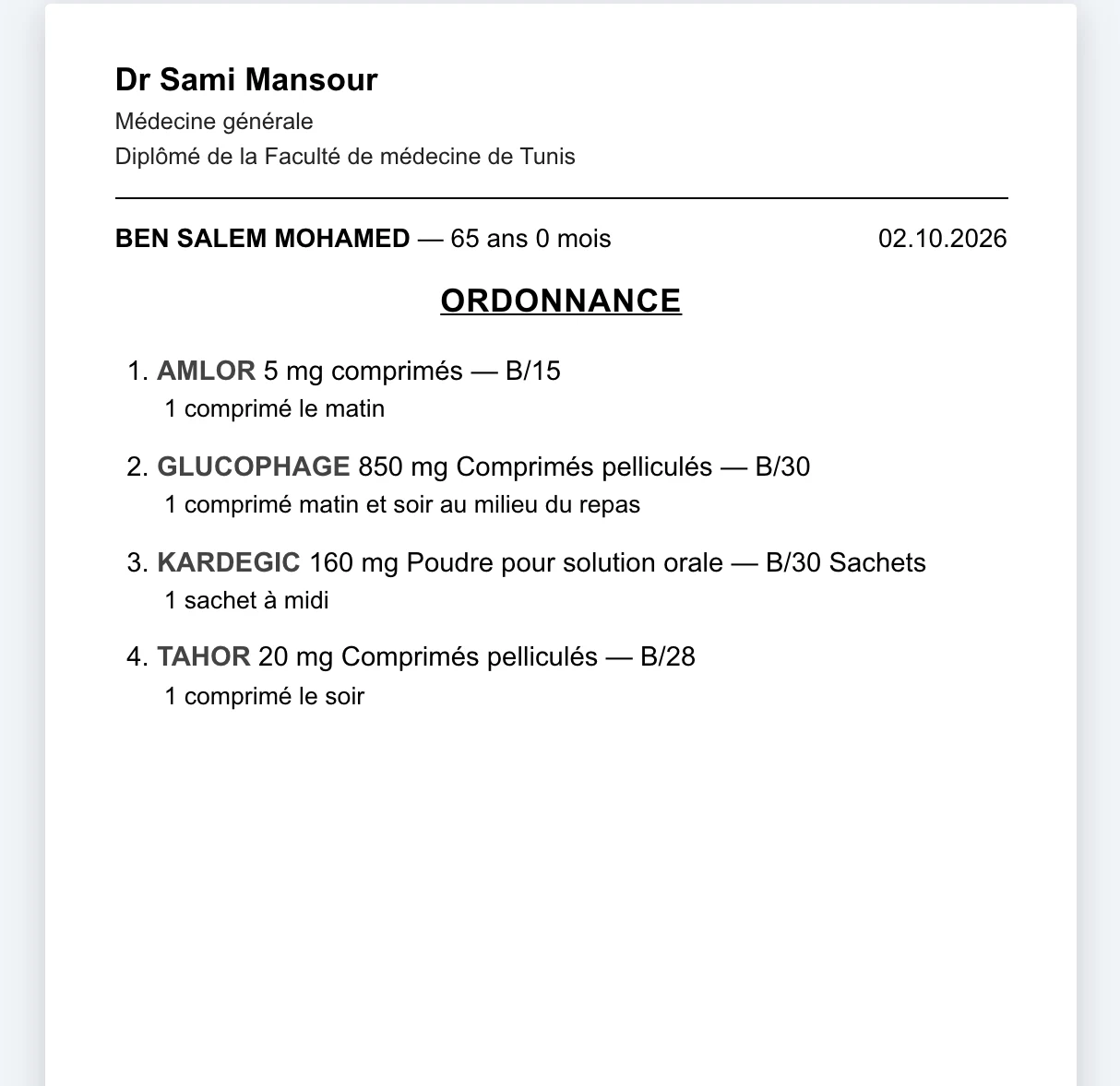 Aperçu d'une ordonnance imprimée